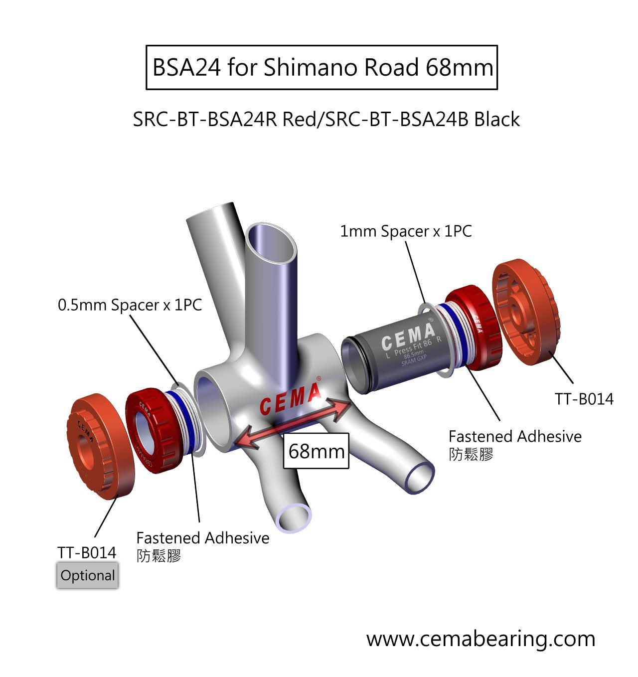 CEMA Innenlager BSA 68/73mm, Edelstahl für Shimano (24mm)