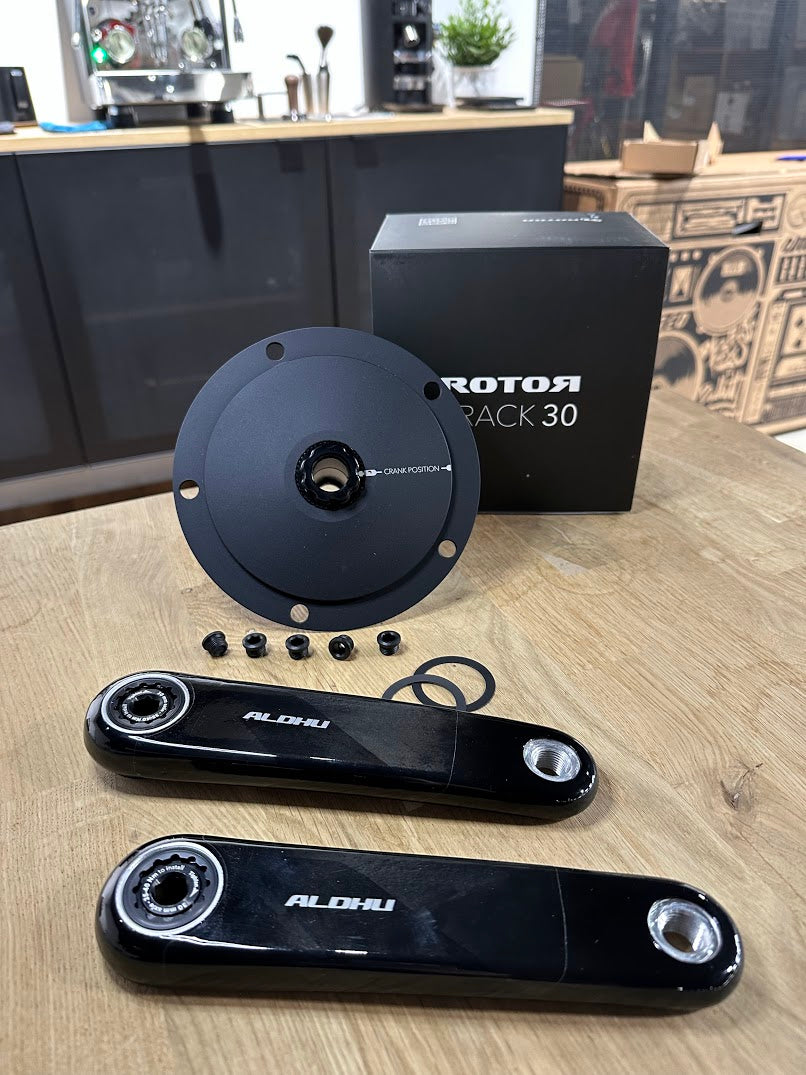 carbon kurbel rennrad Rotor ALDHU CARBON Track Set Kurbelarme 30mm / Spider / Achse