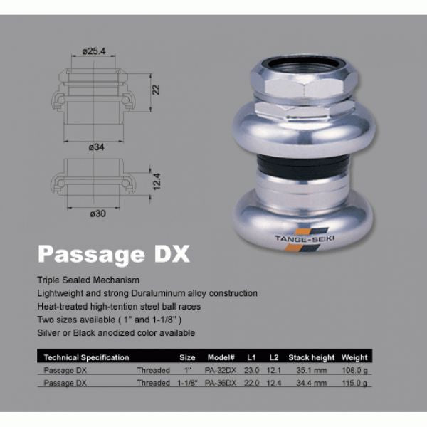 Tange-Seiki Passage 1" Threaded Headset 26.4mm Crown Race ,Silver